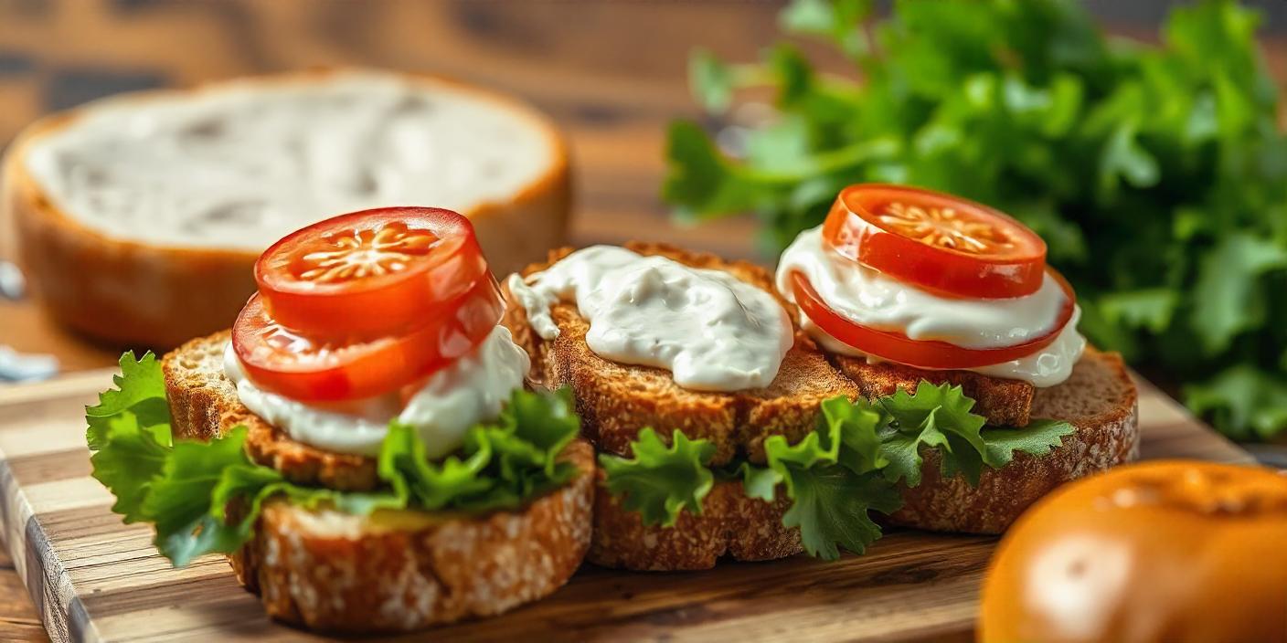 Open-faced sandwiches topped with tomatoes, lettuce, and creamy dressing.