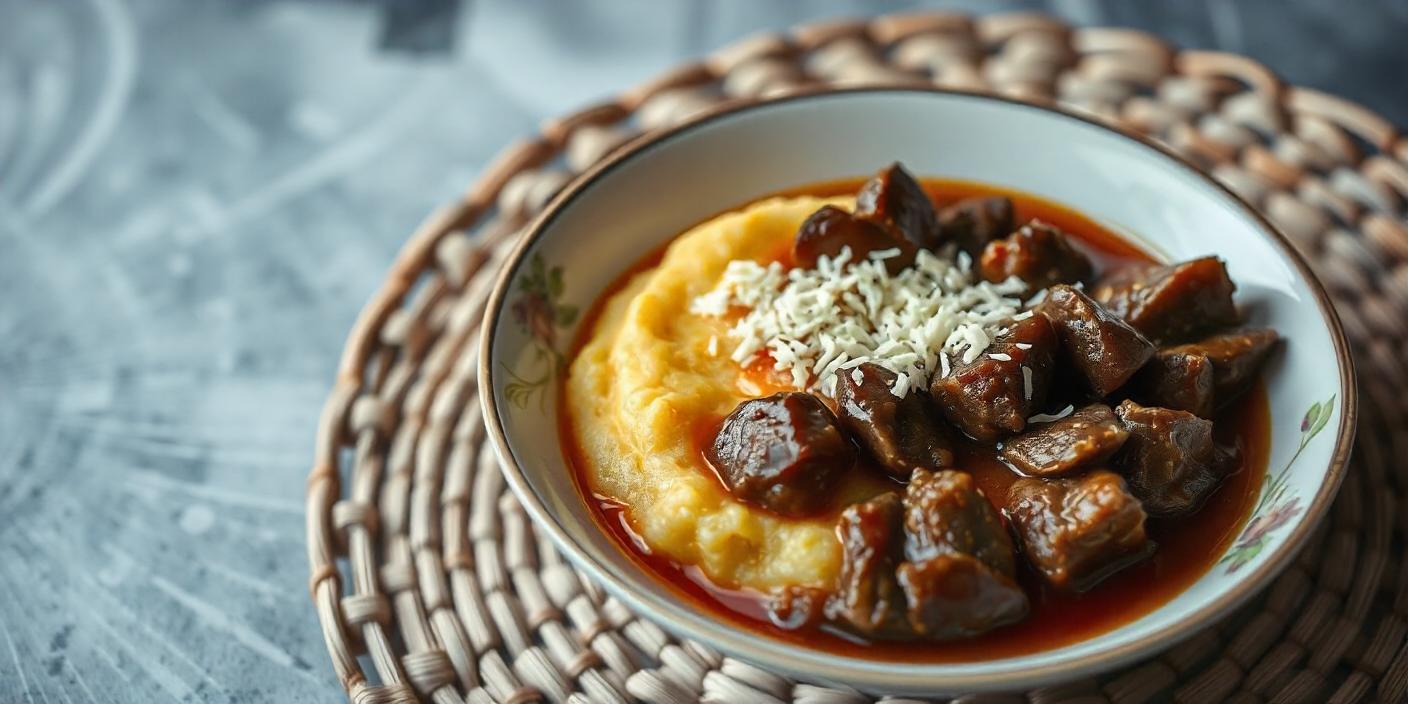 A bowl of beef stew served with creamy polenta and garnished with herbs.