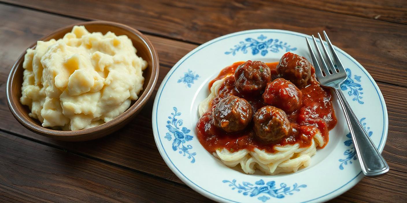 A plate of mashed potatoes topped with meatballs in tomato sauce.