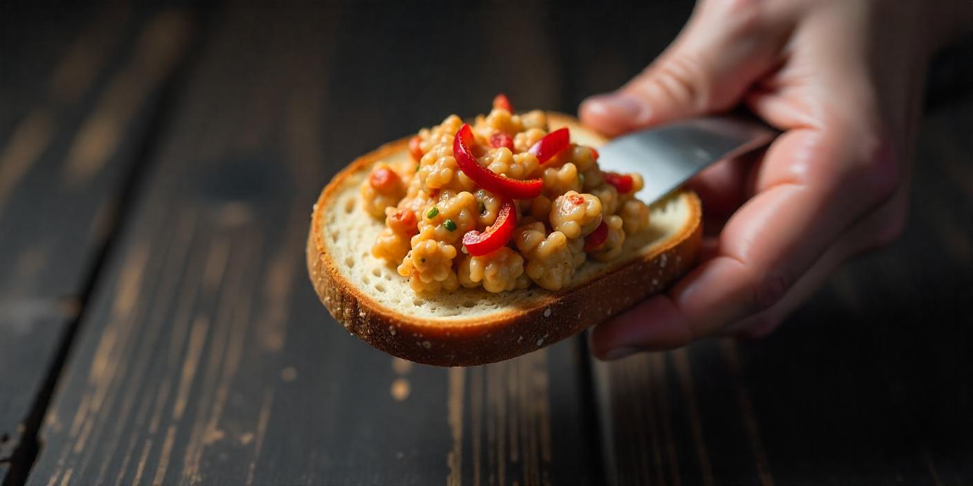 A slice of bread topped with a creamy spread, chili flakes, and garlic.