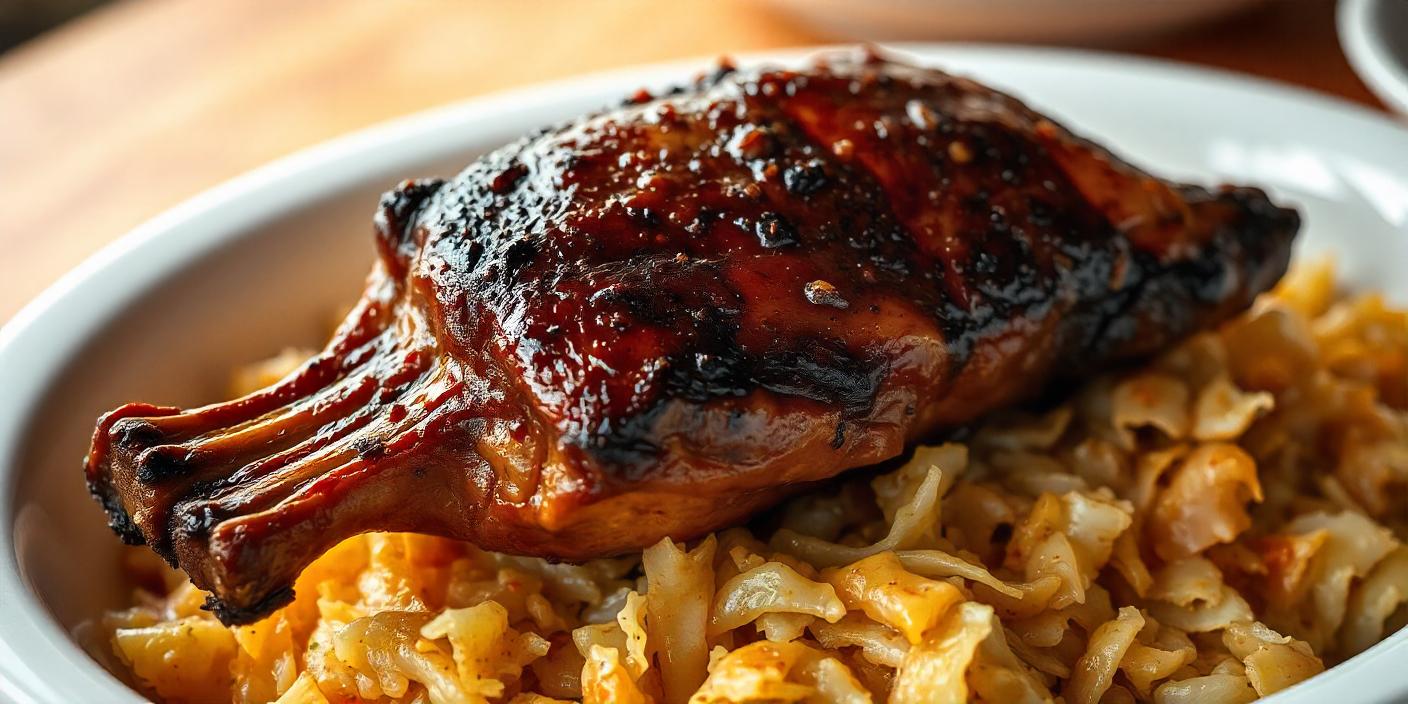 A piece of roasted chicken served over braised cabbage.