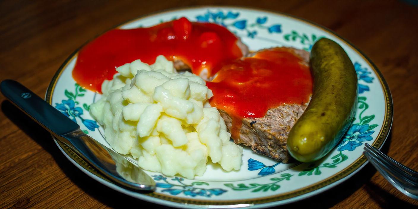 Mashed potatoes topped with gravy, served with meatloaf and pickles.