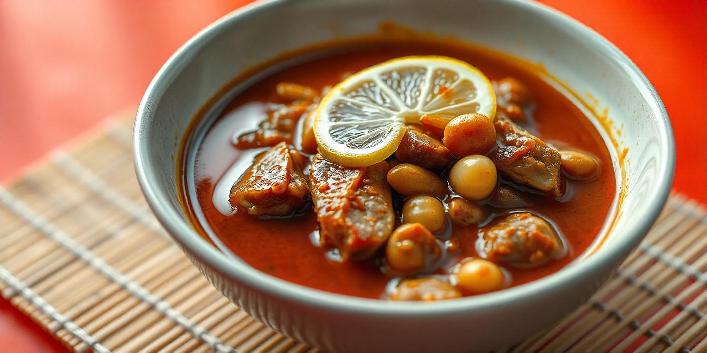 A bowl of fish stew with chickpeas, vegetables, and a slice of lemon.