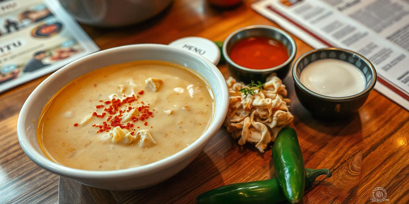 A bowl of spicy vegetable soup garnished with fresh herbs, served with bread.