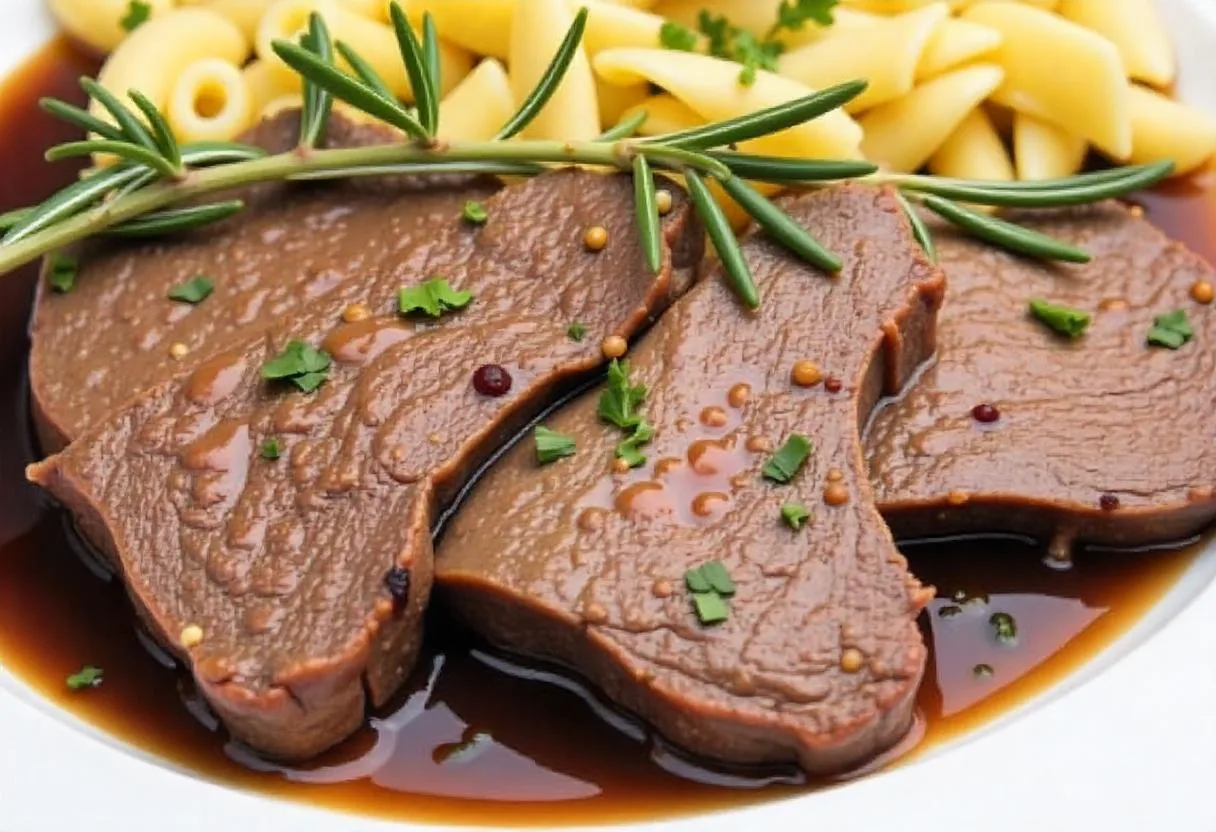 A plate of tender steak garnished with rosemary, served with crispy fries.