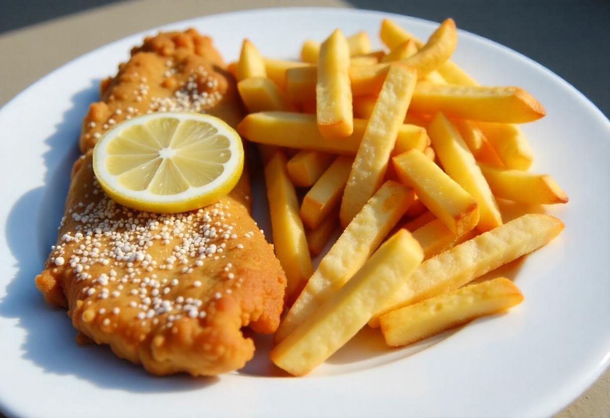 A plate of fried fish served with fries and garnished with a lemon slice.