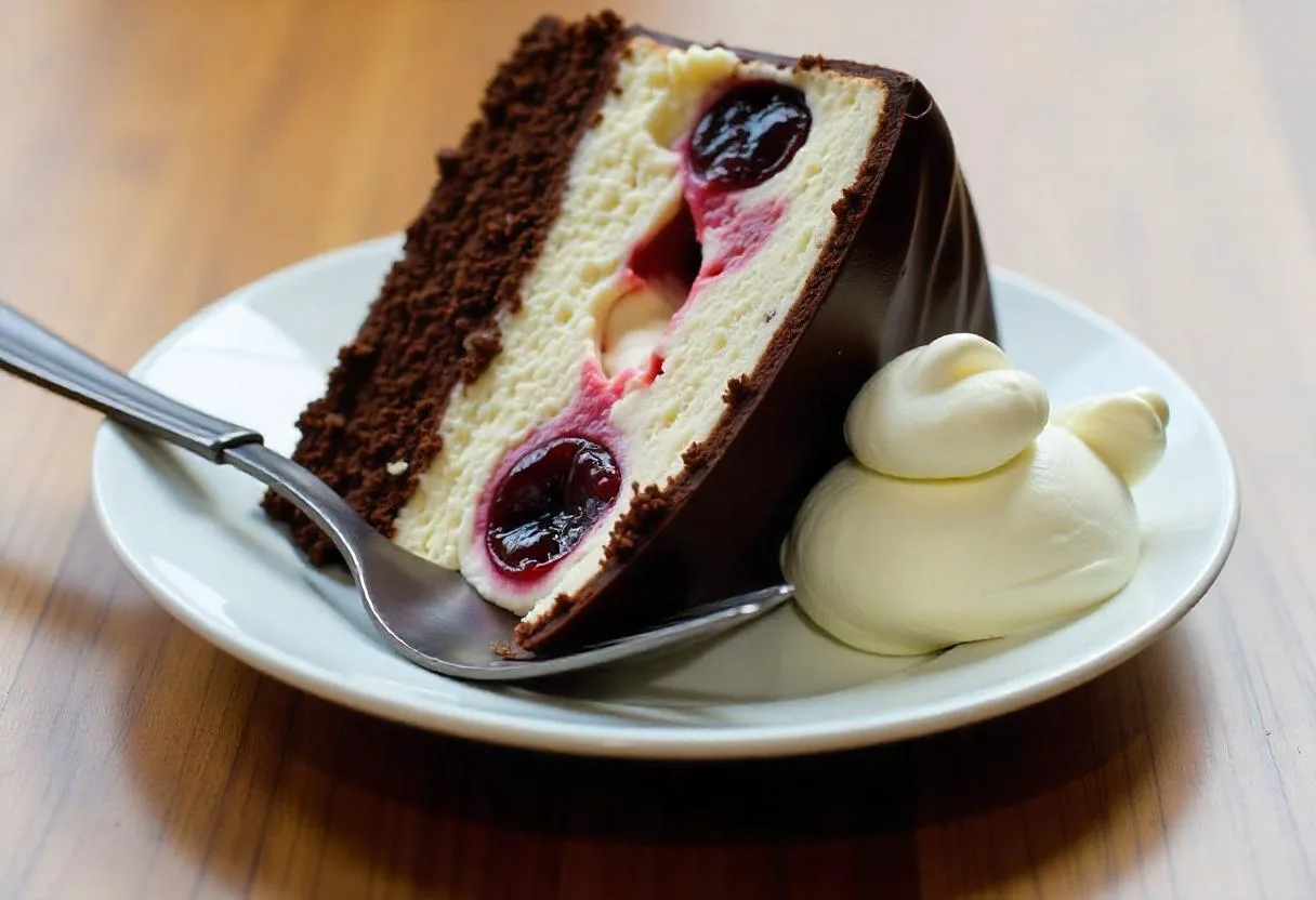 A slice of Black Forest cake with layers of chocolate, cream, cherries, and whipped cream on the side.