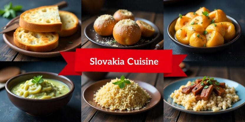 Traditional Slovak cuisine spread featuring various dishes like dumplings, sausages, and hearty stews.