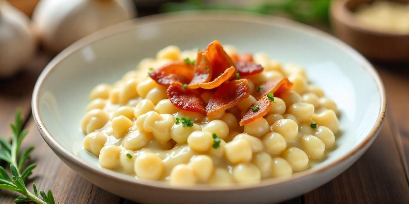 A bowl of macaroni pasta topped with crispy bacon and fresh herbs.