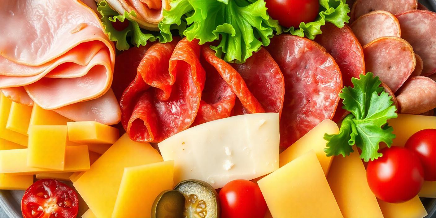 A charcuterie plate with assorted meats, cheeses, and vegetables.