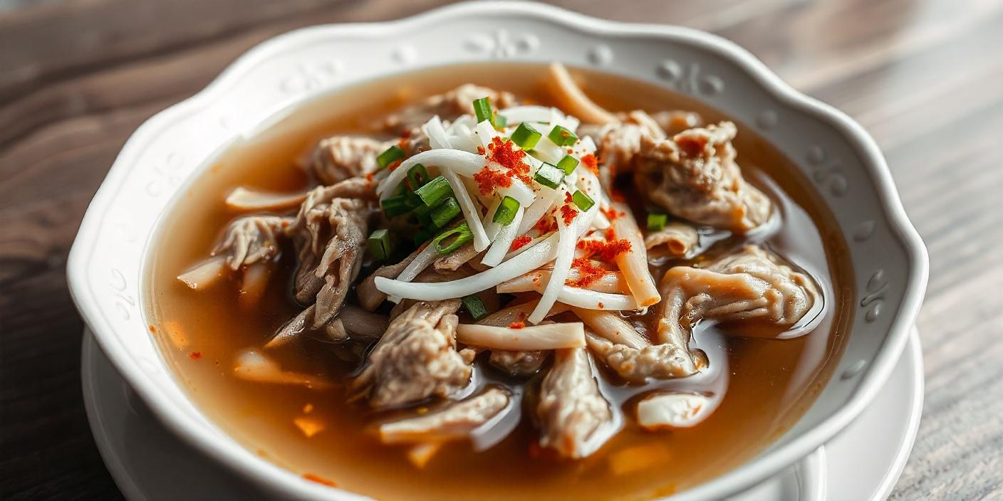 A bowl of beef soup with vegetables, garnished with bean sprouts and herbs.