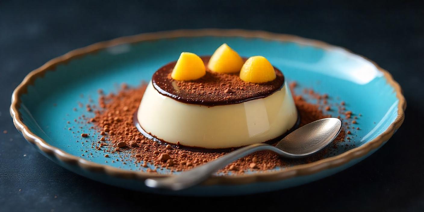 Panna cotta topped with cocoa powder and mango cubes, served on a blue plate.