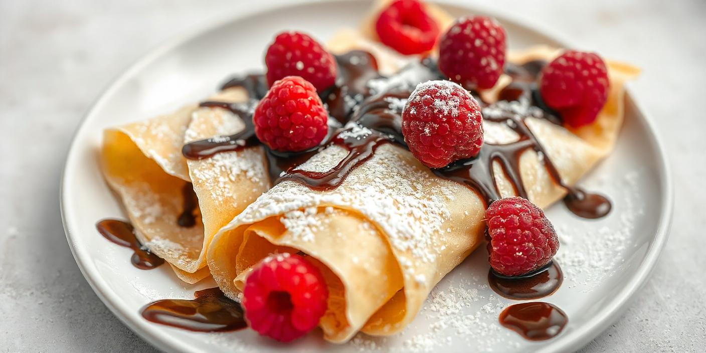 Crepes filled with cream and topped with fresh raspberries, drizzled with chocolate sauce.