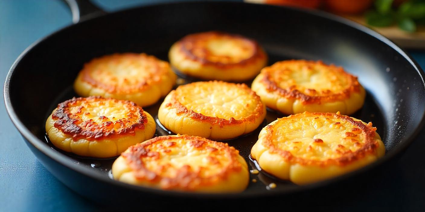 Golden cheese pancakes sizzling in a frying pan.