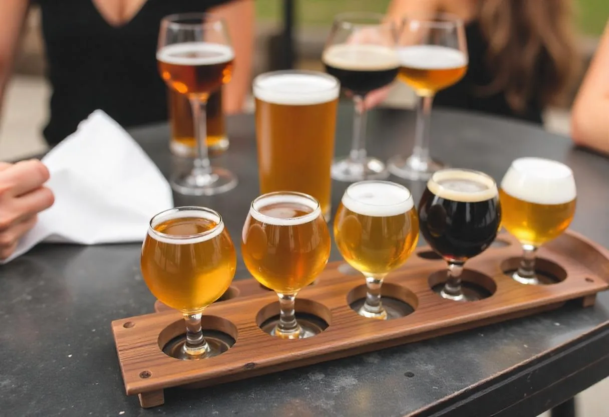 A flight of craft beers served on a wooden tray, featuring glasses of various beer styles.