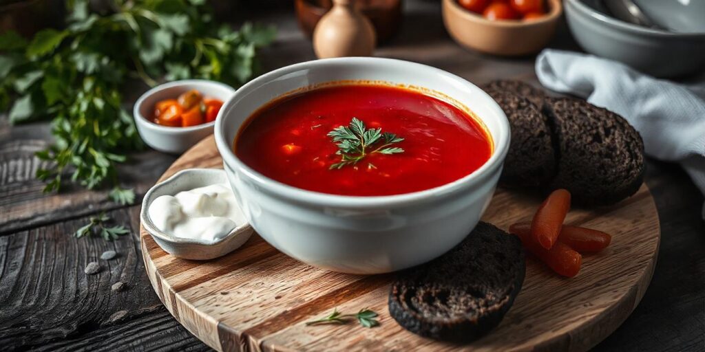 Bowl of Ukrainian borscht soup served with black bread, sour cream, and garnished with herbs on a wooden board.