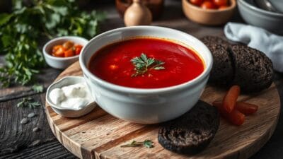 Bowl of Ukrainian borscht soup served with black bread, sour cream, and garnished with herbs on a wooden board.