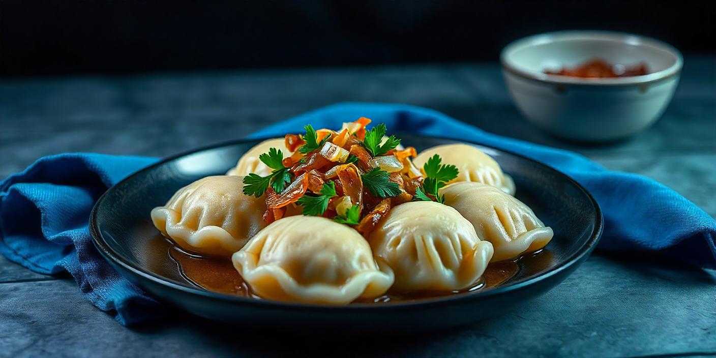 A plate of dumplings garnished with chopped herbs, served on a dark background.