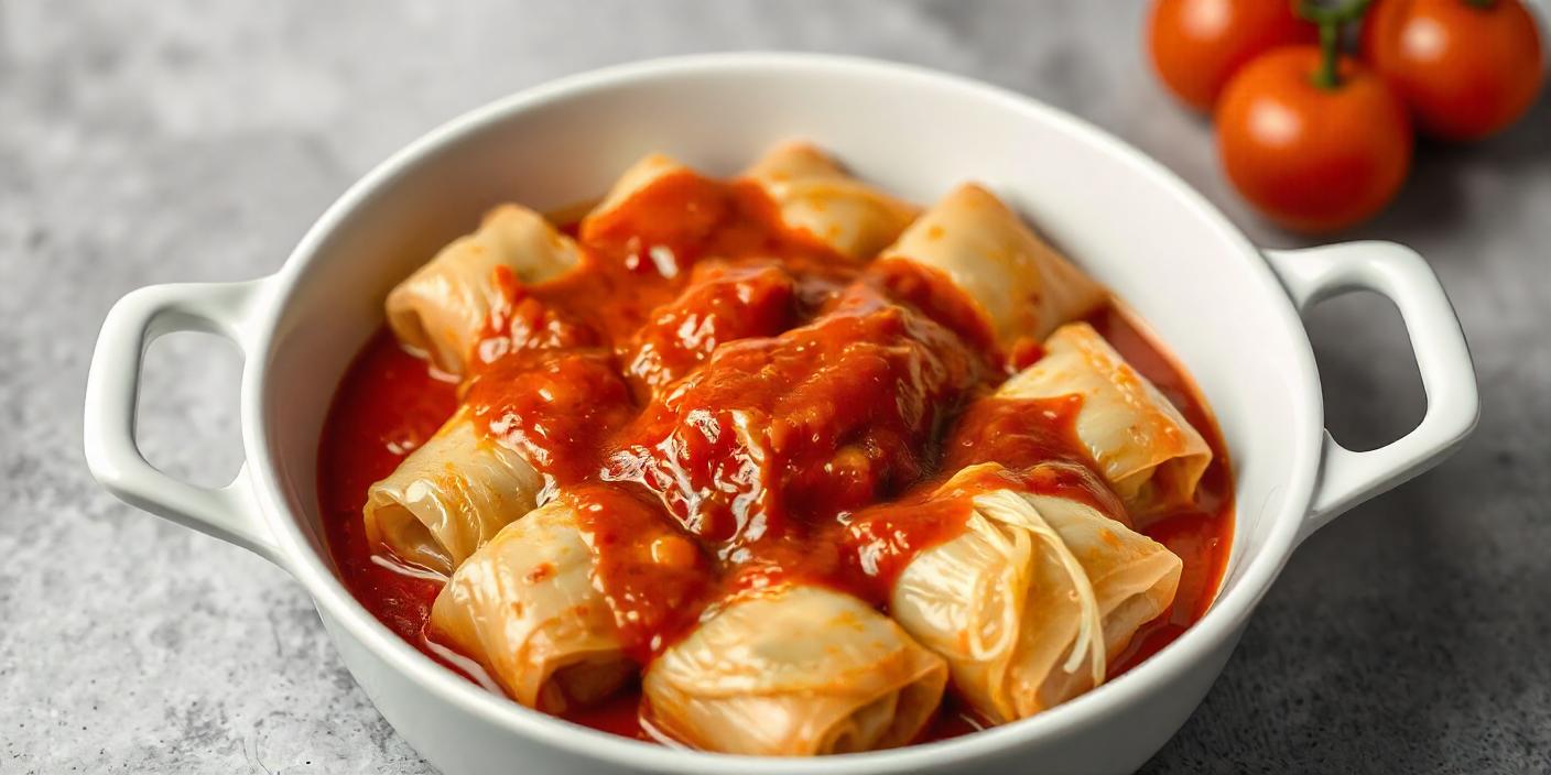 A bowl of cabbage rolls filled with meat and rice, covered in tomato sauce.