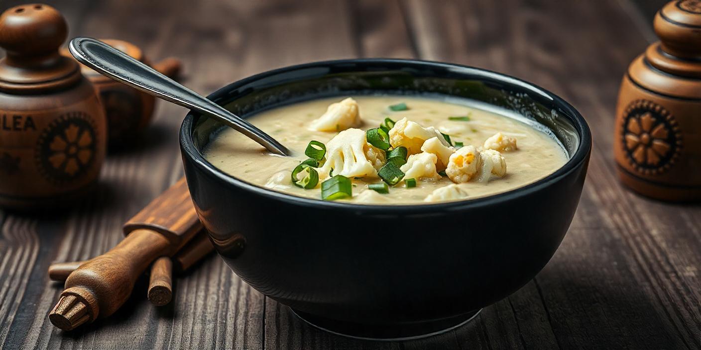 Bowl of Ukrainian okroshka soup with vegetables and herbs, garnished with chopped green onions and served with a spoon.