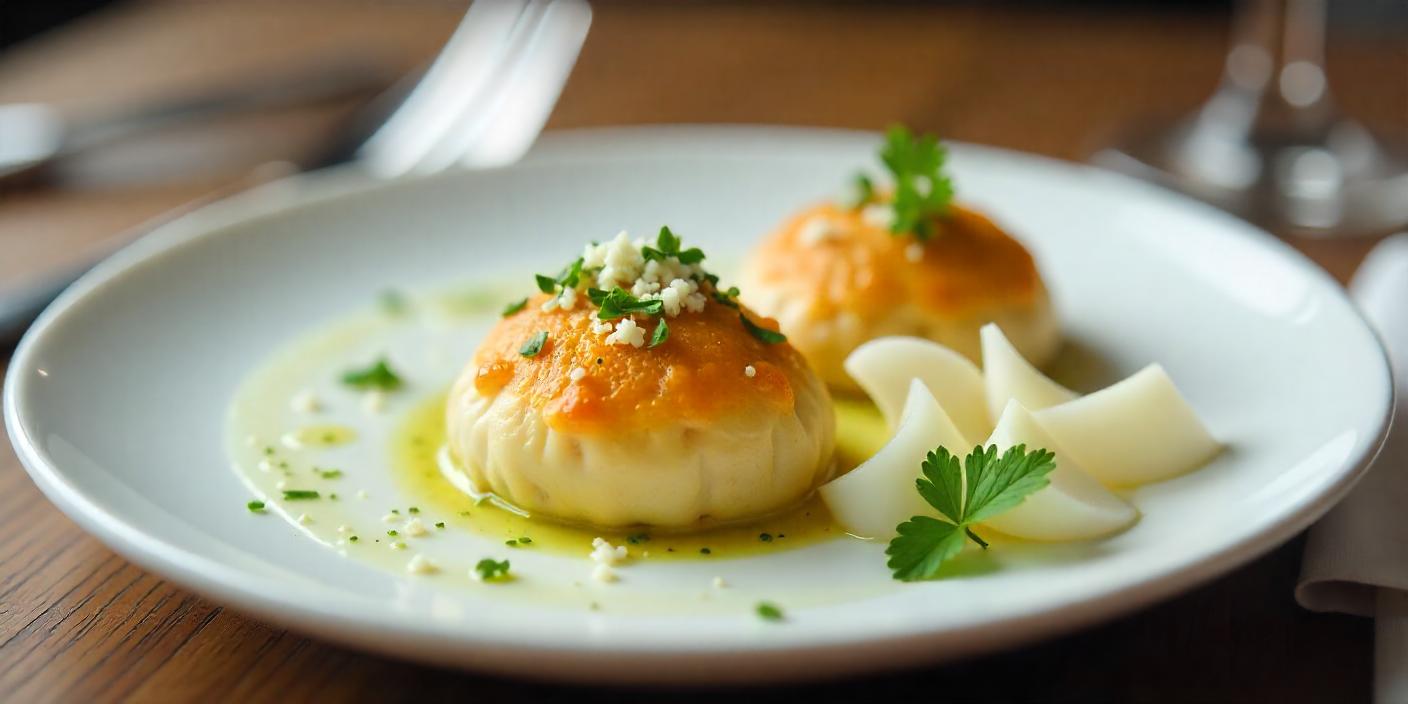 Ukrainian pampushki served with garlic sauce and garnished with herbs, showcasing traditional cuisine.