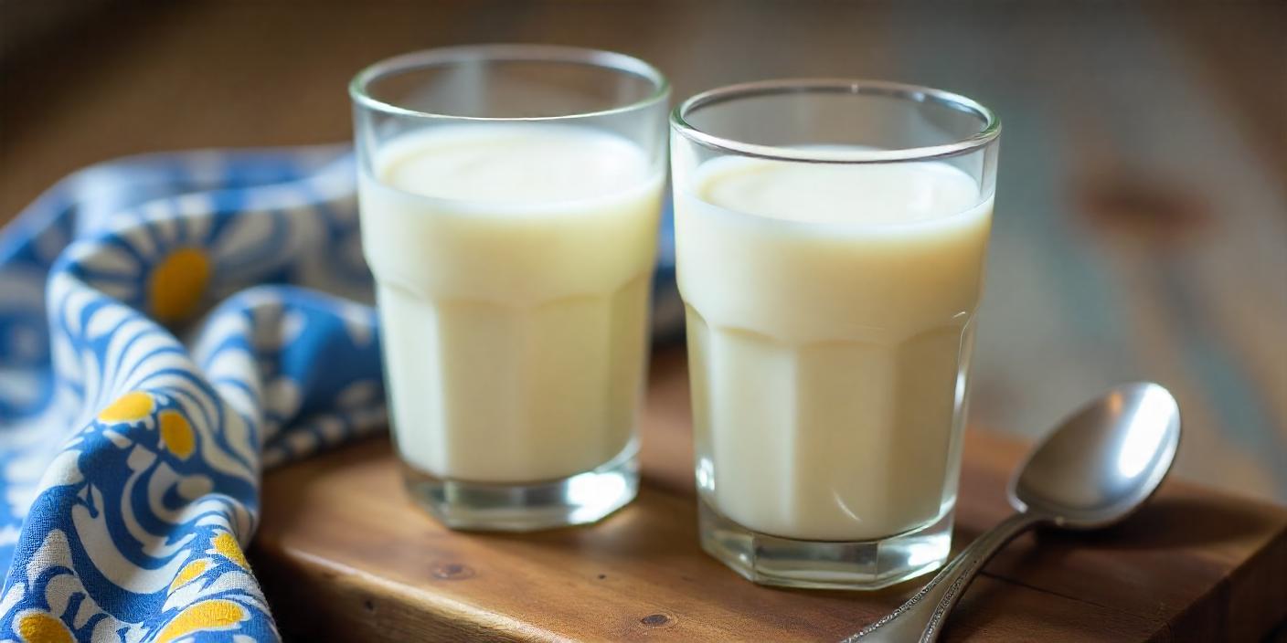 Two glasses of fresh milk placed on a wooden surface.