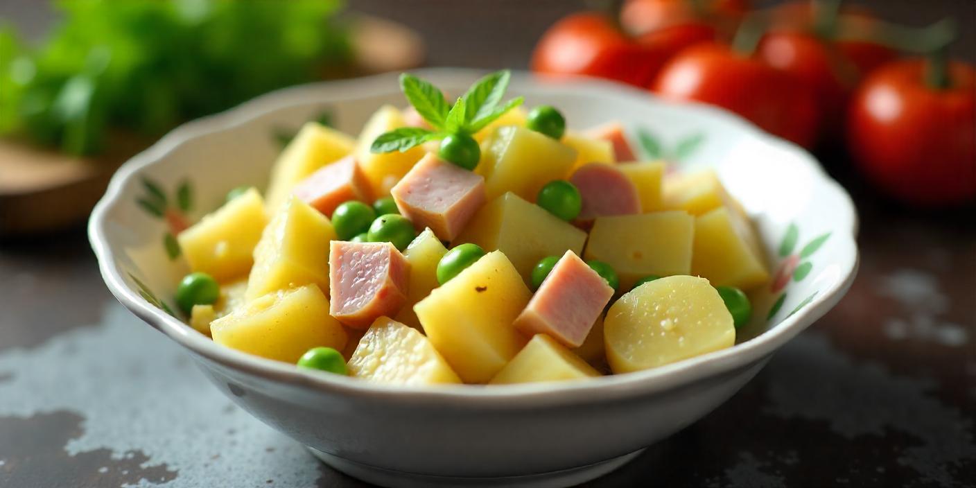 A bowl of Ukrainian potato salad with diced potatoes, peas, and ham, garnished with fresh mint leaves, showcasing vibrant colors and textures.