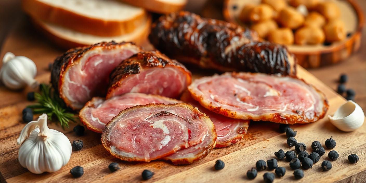 A wooden board with slices of smoked sausages, cured meats, and fresh bread.