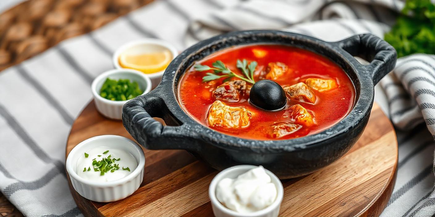 A bowl of Ukrainian solyanka soup with meat, olives, and garnishes like sour cream and herbs on a wooden board.