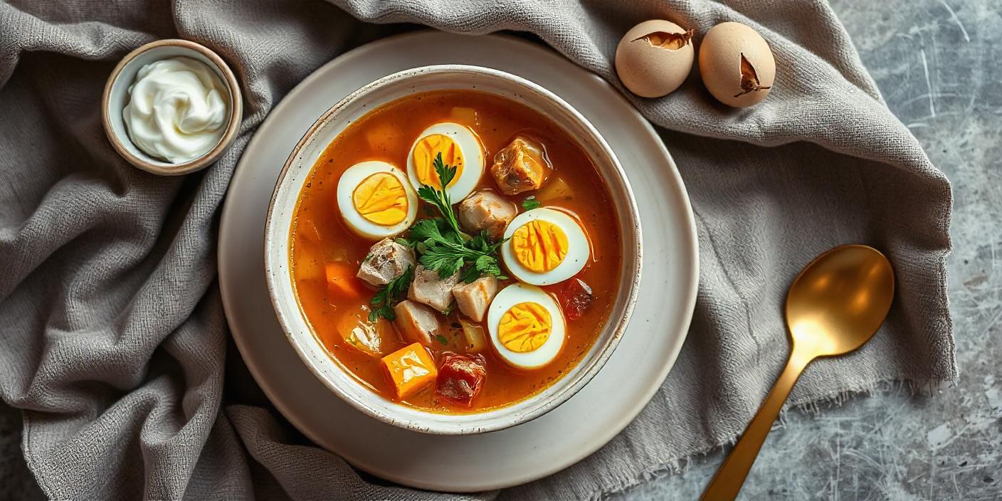 A bowl of Ukrainian Zelenij Borshch soup with eggs, meat, and herbs, garnished with sour cream, showcasing traditional cuisine.