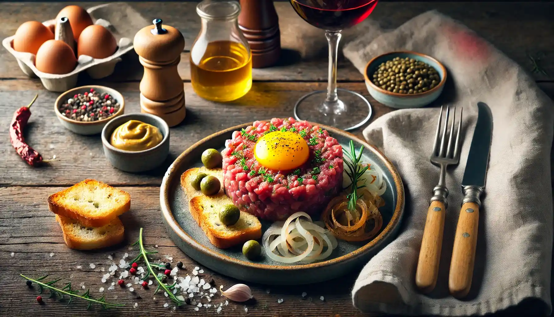 Gourmet beef tartare platter – A plate of freshly prepared beef tartare topped with a raw egg yolk, accompanied by onions, capers, and mustard.