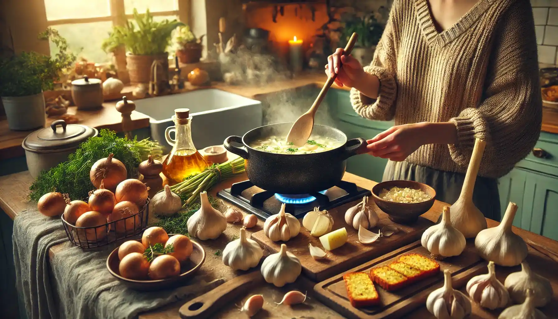 Golden crouton soup with sour cream – A steaming bowl of soup with crispy golden croutons, dollops of sour cream, and fresh parsley garnish.