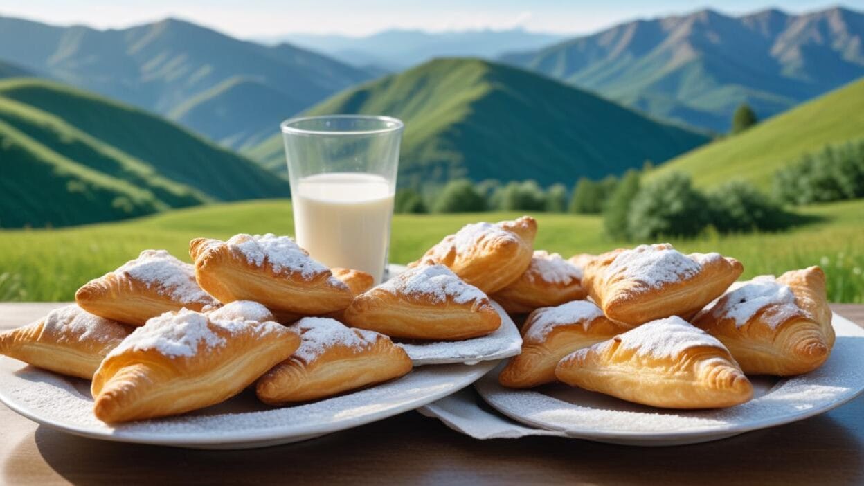 Fried pastries with milk and mountain view – A plate of golden, crispy fried pastries served with a glass of milk, with a scenic mountain landscape in the background.