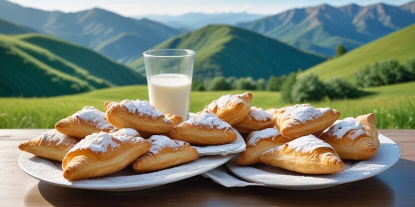 Fried pastries with milk and mountain view – A plate of golden, crispy fried pastries served with a glass of milk, with a scenic mountain landscape in the background.