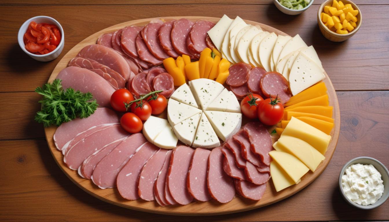 Charcuterie board with meats and cheeses – A gourmet platter featuring sliced meats, cheeses, cherry tomatoes, and fresh herbs, arranged beautifully.