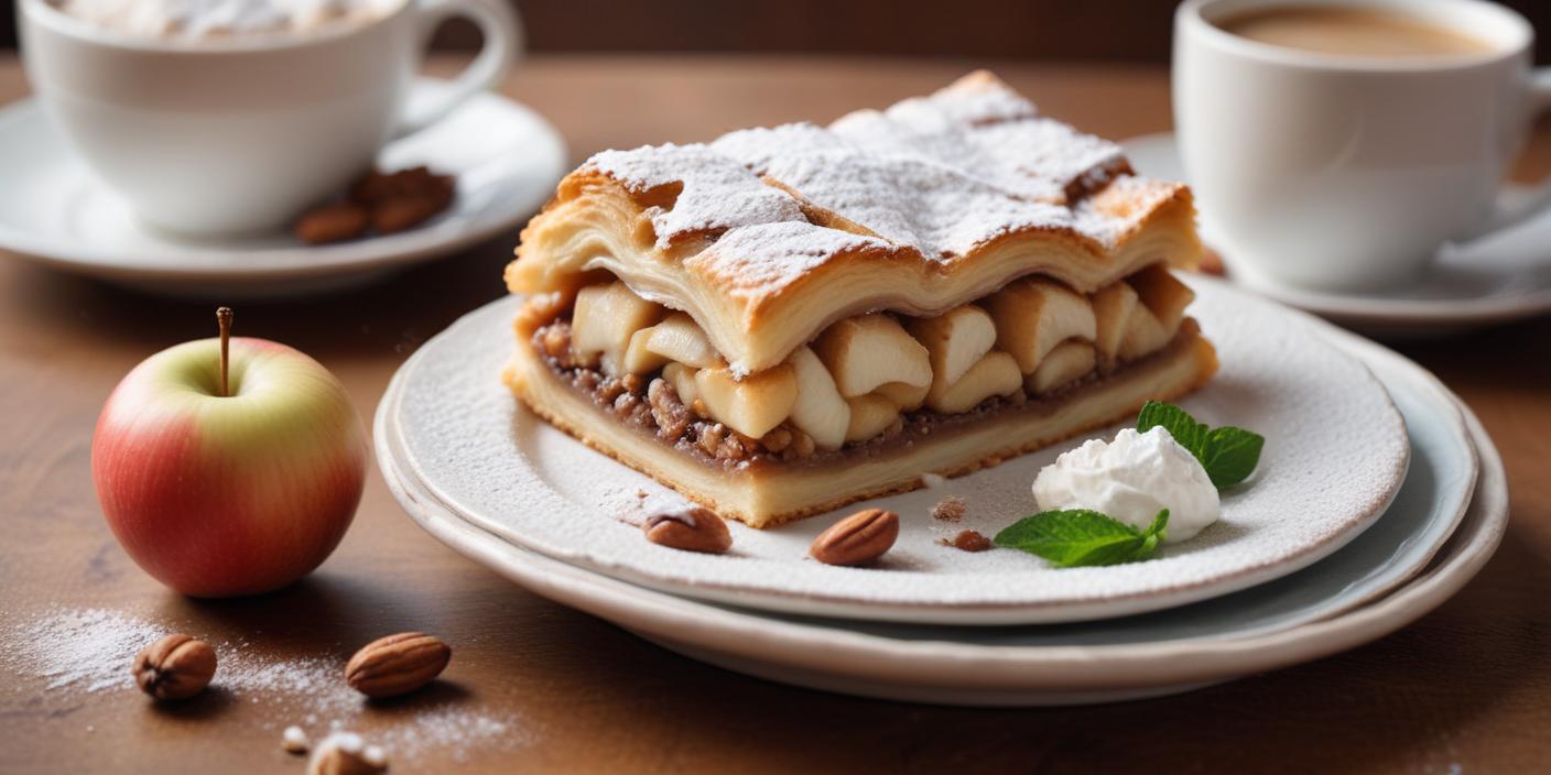 Apple strudel with powdered sugar – A freshly baked apple strudel with a flaky crust, dusted with powdered sugar, and garnished with nuts and mint.