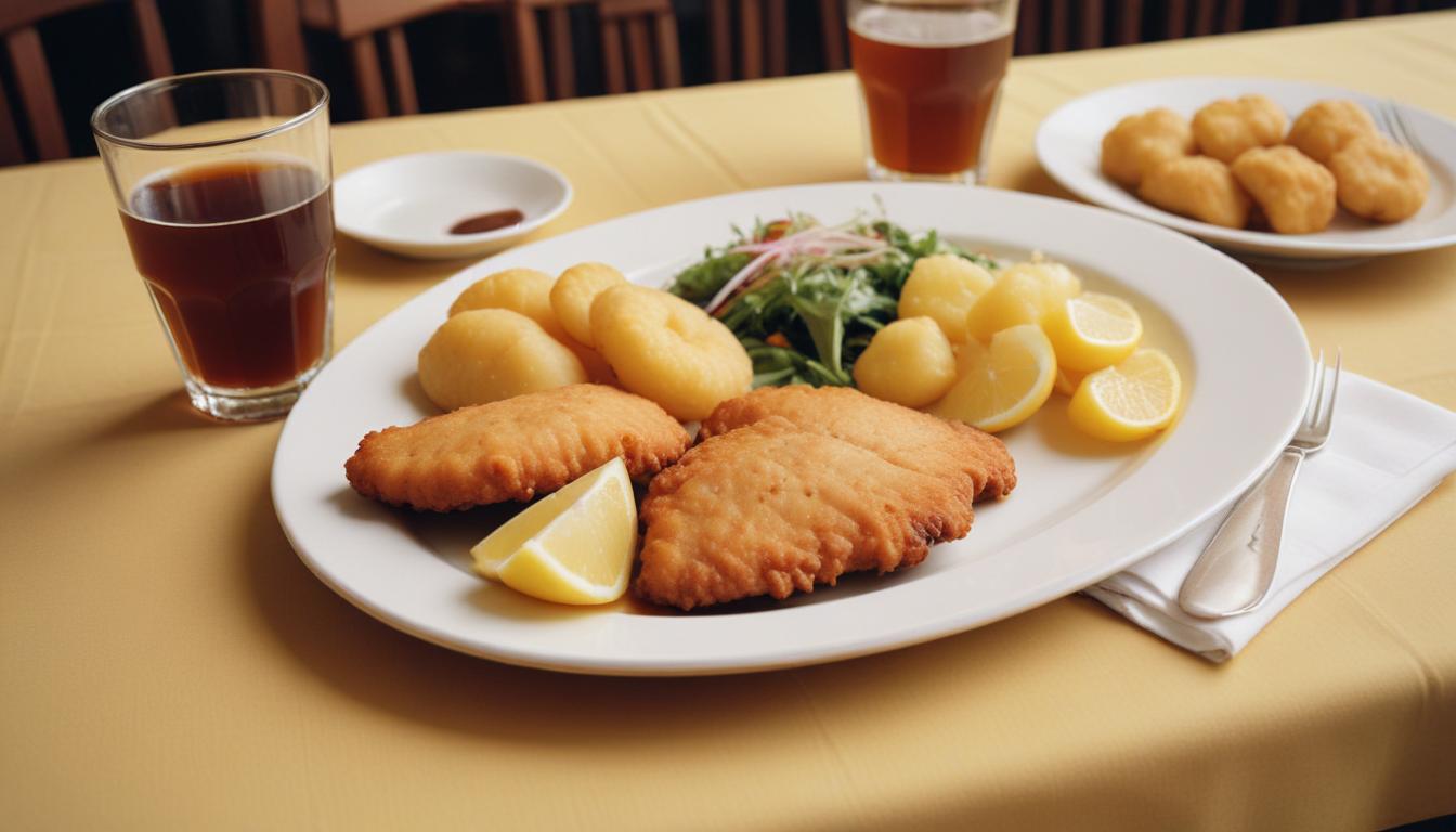 Crispy schnitzel with potatoes and salad – A plate of golden-fried schnitzel served with boiled potatoes, fresh salad, and a lemon wedge.