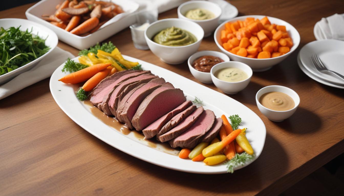 Sliced roast beef with dipping sauces – A platter of perfectly sliced roast beef accompanied by sauces, roasted vegetables, and mashed sweet potatoes.