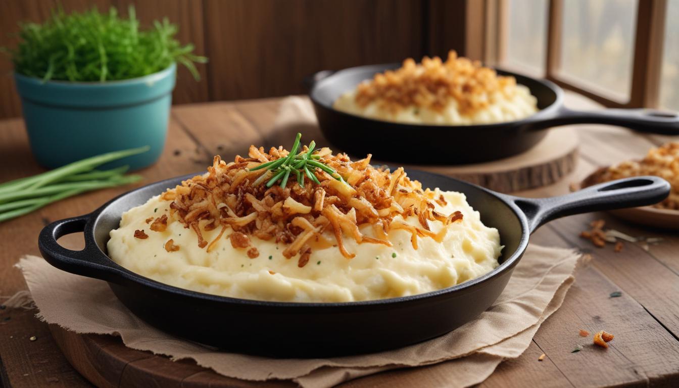 Mashed potatoes with crispy onions – A bowl of fluffy mashed potatoes topped with crispy fried onions and fresh herbs.