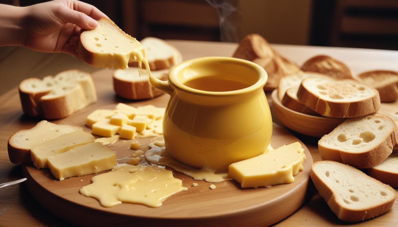 Melted cheese fondue with bread – A pot of rich, creamy cheese fondue with pieces of bread ready for dipping, served on a wooden board.