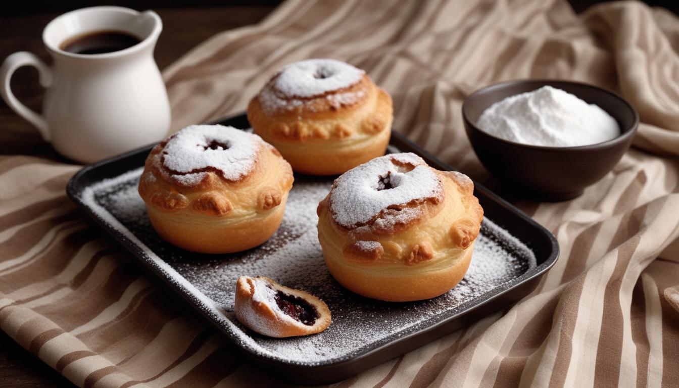 Baked custard muffins with powdered sugar – A tray of warm, golden-brown custard muffins dusted with powdered sugar, served on a rustic wooden table.