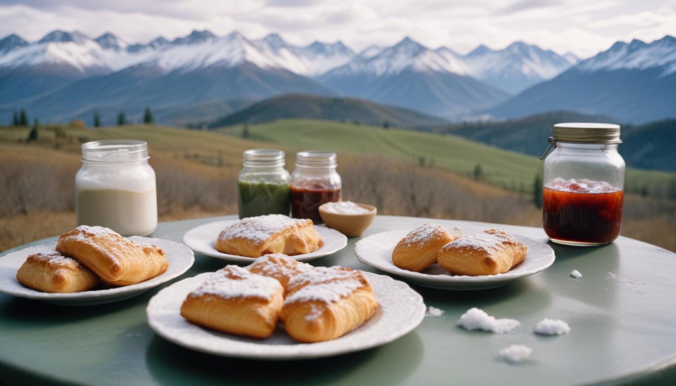 Mountain-view breakfast with pastries – A scenic outdoor breakfast setup featuring freshly baked pastries, with a breathtaking mountain view in the background.