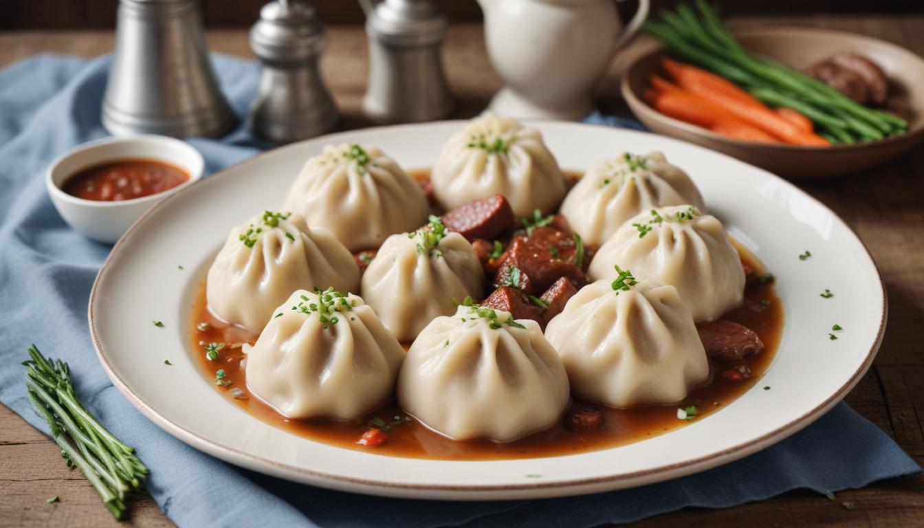 Steamed dumplings in tomato sauce – A plate of beautifully pleated dumplings served over a rich tomato-based sauce, garnished with fresh herbs.