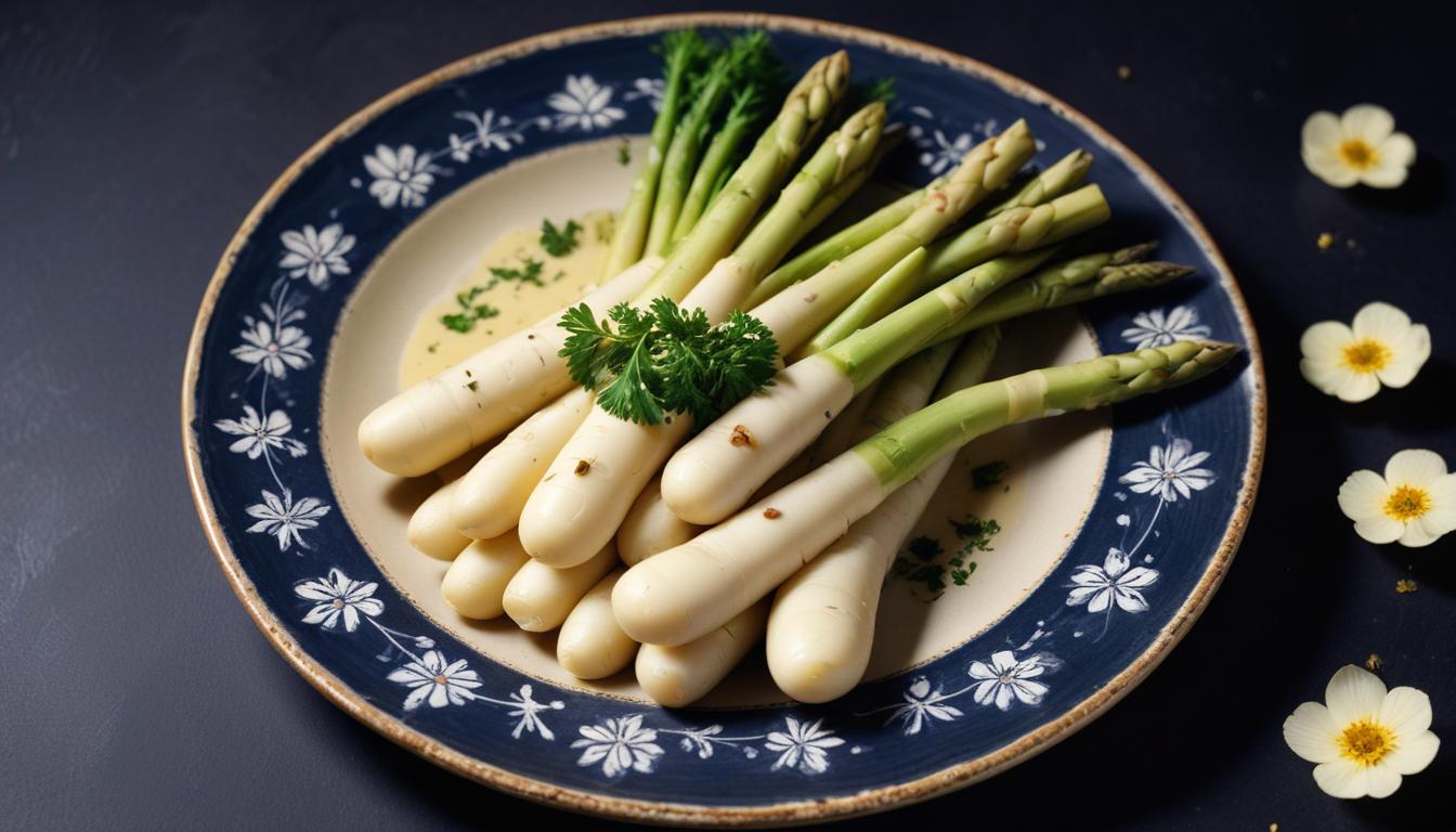 White asparagus with parsley – A beautifully plated dish of tender white asparagus garnished with fresh parsley, served on a decorative plate.