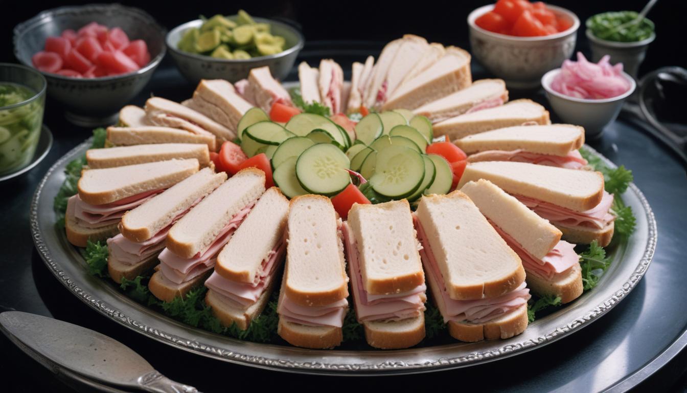 Elegant tea sandwich platter with cucumbers – A beautifully arranged platter of delicate tea sandwiches filled with ham, cheese, and vegetables, garnished with fresh cucumber slices.