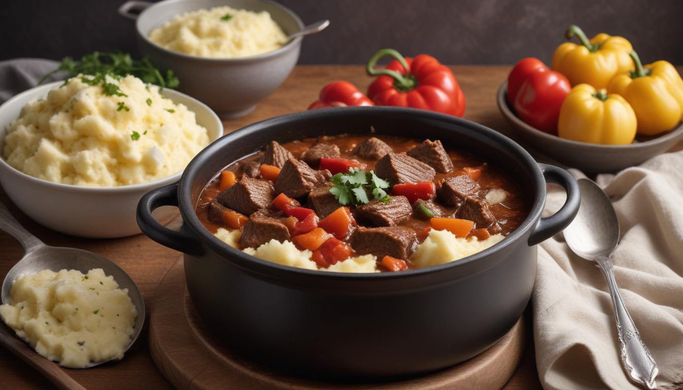 Beef stew with mashed potatoes – A rich, slow-cooked beef stew with chunks of meat and vegetables, served in a black pot over creamy mashed potatoes.