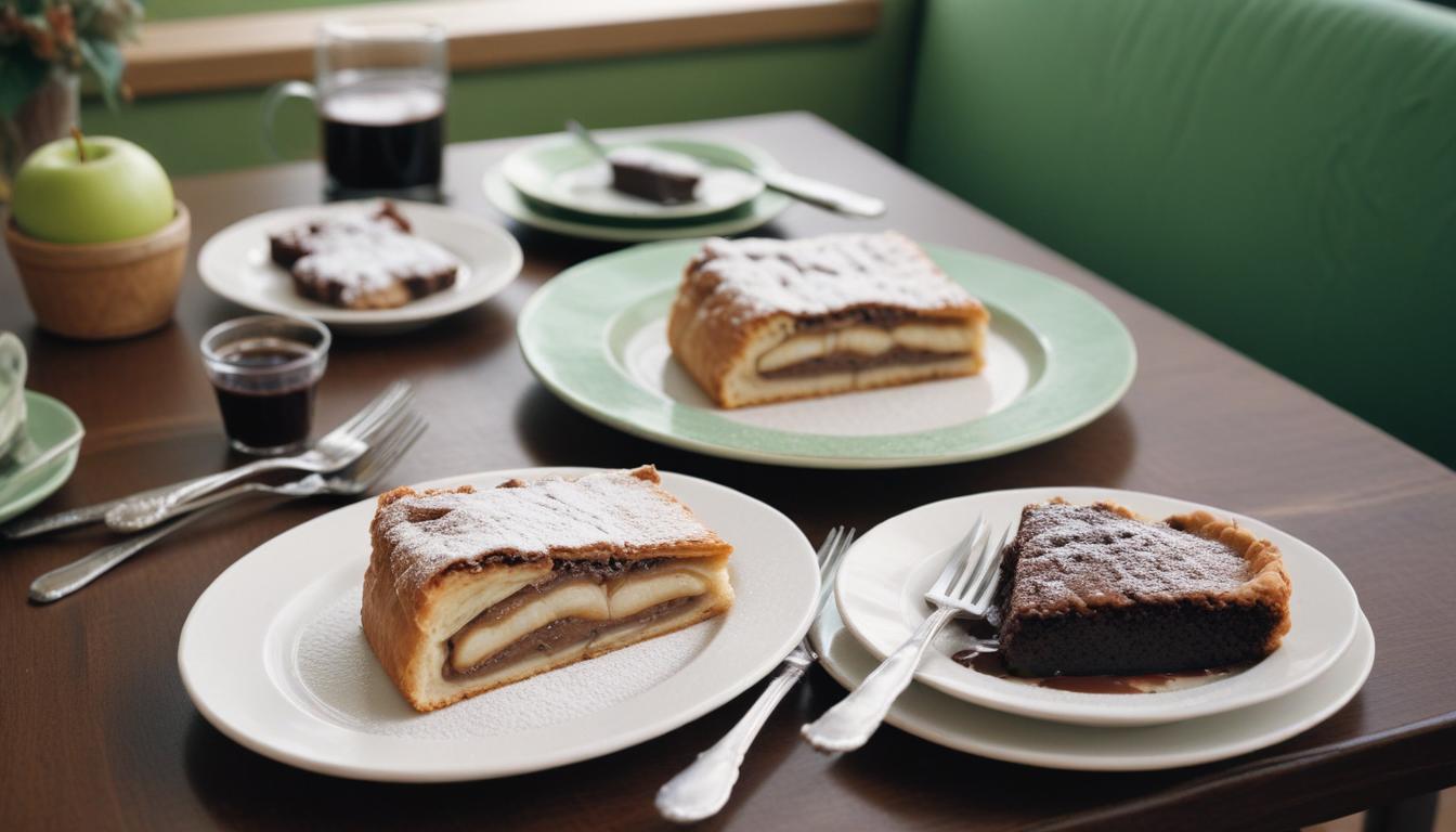 Apple strudel with powdered sugar – A traditional apple strudel slice served on a plate with a dusting of powdered sugar, accompanied by coffee.