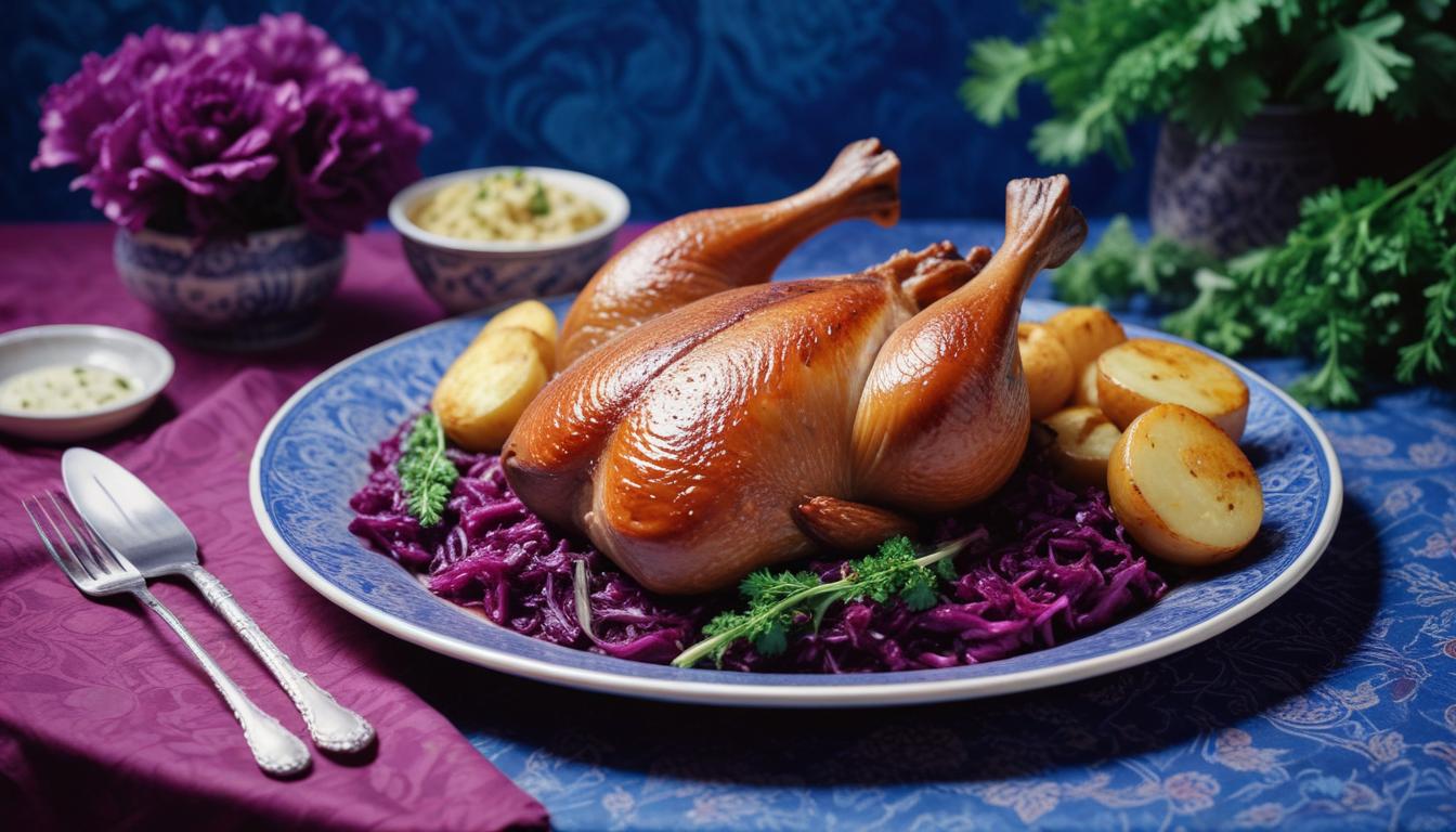 Roast duck with red cabbage and dumplings – A perfectly roasted duck placed on a bed of braised red cabbage, served with traditional dumplings.