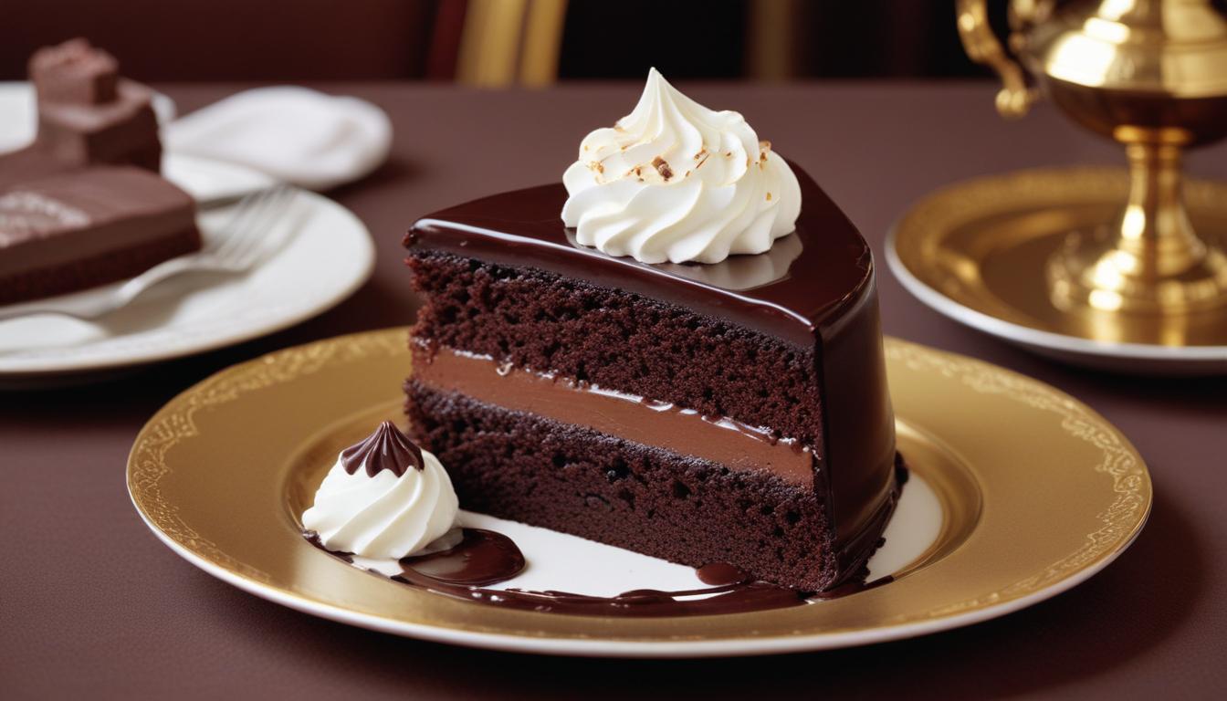 Chocolate cake with whipped cream – A decadent slice of chocolate cake topped with glossy chocolate glaze and a swirl of whipped cream.