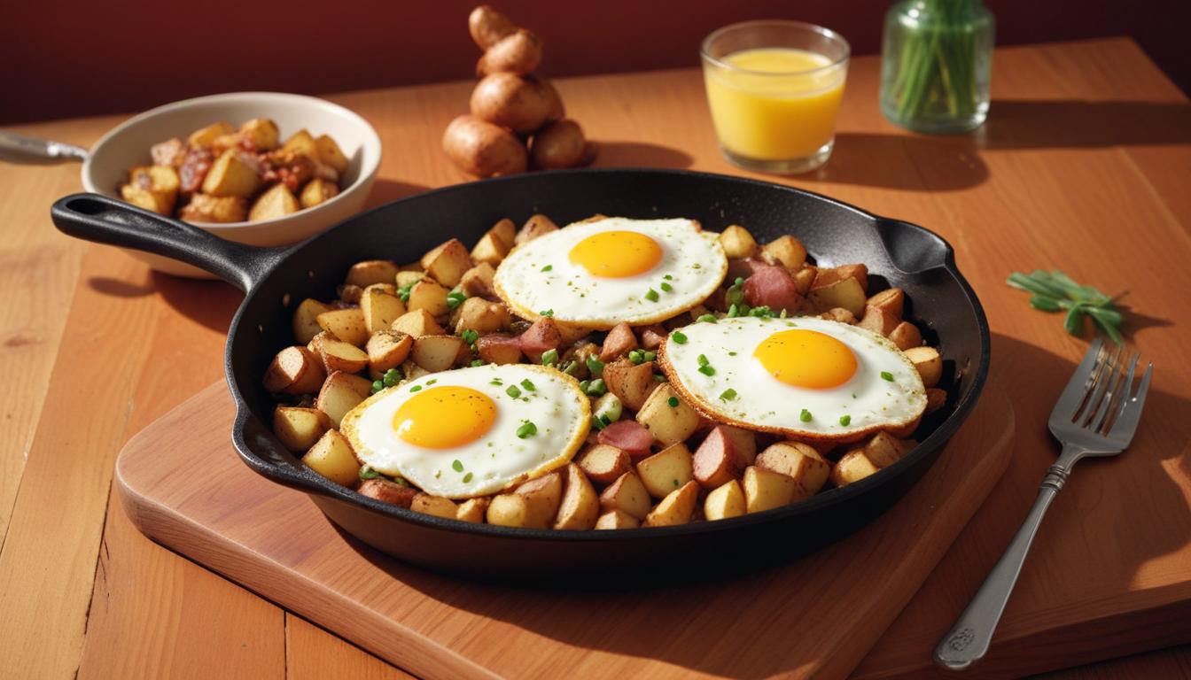 Breakfast skillet with eggs and potatoes – A cast-iron skillet filled with crispy potatoes and two sunny-side-up eggs, served with orange juice.